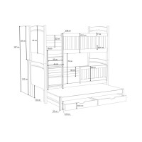 Detská poschodová posteľ z masívu borovice ADRIANA s prístelkou a šuplíky - 200x90 cm - PRÍRODNÁ BOROVICA