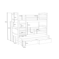 Detská poschodová posteľ z masívu borovice EMA s prístelkou a šuplíkmi - 200x90 cm - PRÍRODNÁ BOROVICA
