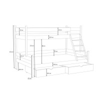 Detská poschodová posteľ z masívu borovice s rozšíreným spodným lôžkom NEVADA so šuplíkmi - 200x90/140 cm - PRÍRODNÁ BOROVICA