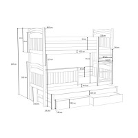 Detská poschodová posteľ z masívu borovice ONDRA s prístelkou a šuplíkmi - 200x80 cm - PRÍRODNÁ BOROVICA