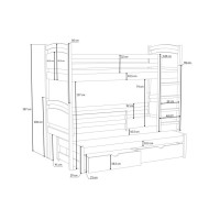 Detská poschodová posteľ z masívu borovice OLÍVIE s prístelkou a šuplíkmi - 180x80 cm - PRÍRODNÁ BOROVICA