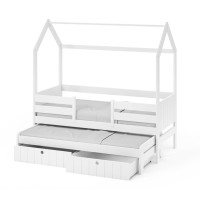 Detská domčeková posteľ z masívu borovice NOLAN so šuplíkmi a prístelkou - 200x90 cm - biela