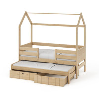 Detská domčeková posteľ z masívu borovice NOLAN so šuplíkmi a prístelkou - 200x90 cm - prírodná borovica