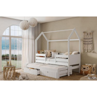 Detská domčeková posteľ z masívu borovice NOLAN so šuplíkmi a prístelkou - 180x80 cm - biela