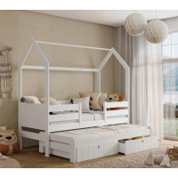 Detská domčeková posteľ z masívu borovice NOLAN so šuplíkmi a prístelkou - 200x90 cm - biela