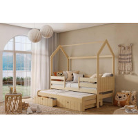 Detská domčeková posteľ z masívu borovice NOLAN so šuplíkmi a prístelkou - 200x90 cm - prírodná borovica