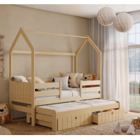 Detská domčeková posteľ z masívu borovice NOLAN so šuplíkmi a prístelkou - 200x90 cm - prírodná borovica