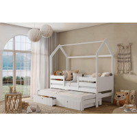 Detská domčeková posteľ z masívu borovice NOLAN II so šuplíkmi a prístelkou - 200x90 cm - biela