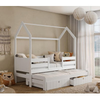 Detská domčeková posteľ z masívu borovice NOLAN II so šuplíkmi a prístelkou - 200x90 cm - biela