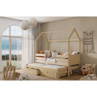 Detská domčeková posteľ z masívu borovice NOLAN II so šuplíkmi a prístelkou - 180x80 cm - prírodná borovica
