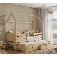 Detská domčeková posteľ z masívu borovice NOLAN II so šuplíkmi a prístelkou - 180x80 cm - prírodná borovica