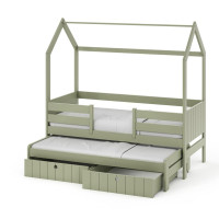 Detská domčeková posteľ z masívu borovice NOLAN II so šuplíkmi a prístelkou - 200x90 cm - olivovo zelená