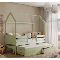 Detská domčeková posteľ z masívu borovice NOLAN II so šuplíkmi a prístelkou - 200x90 cm - olivovo zelená