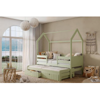 Detská domčeková posteľ z masívu borovice NOLAN II so šuplíkmi a prístelkou - 200x90 cm - olivovo zelená