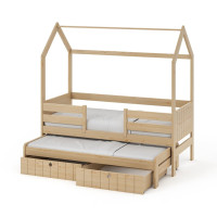 Detská domčeková posteľ z masívu borovice NOLAN II so šuplíkmi a prístelkou - 180x80 cm - prírodná borovica