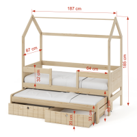 Detská domčeková posteľ z masívu borovice NOLAN II so šuplíkmi a prístelkou - 180x80 cm - olivovo zelená