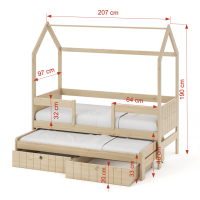 Detská domčeková posteľ z masívu borovice NOLAN II so šuplíkmi a prístelkou - 200x90 cm - olivovo zelená