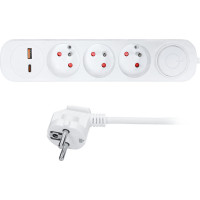 Solight predlžovací prívod 3 zásuvky, USB A + C 20W PD, 3m, 3 x 1mm2, biely, vypínač