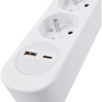 Solight predlžovací prívod 3 zásuvky, USB A + C 20W PD, 3m, 3 x 1mm2, biely, vypínač