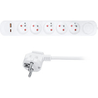 Solight predlžovací prívod 5 zásuviek, USB A + C 20W PD, 3m, 3 x 1mm2, biely, vypínač