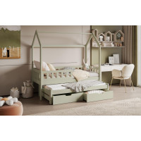 Detská domčeková posteľ z masívu borovice TIMMY so šuplíkmi a prístelkou - 180x80 cm - olivovo zelená