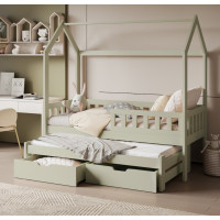 Detská domčeková posteľ z masívu borovice TIMMY so šuplíkmi a prístelkou - 180x80 cm - olivovo zelená