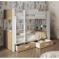 Detská poschodová posteľ z masívu borovice GASPAR so šuplíkmi a regálom - 180x80 cm - biela/dub shetland