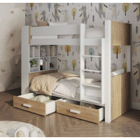 Detská poschodová posteľ z masívu borovice GASPAR so šuplíkmi a regálom - 180x80 cm - biela/dub shetland