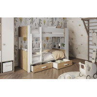 Detská poschodová posteľ z masívu borovice GASPAR so šuplíkmi a regálom - 180x80 cm - biela/dub shetland