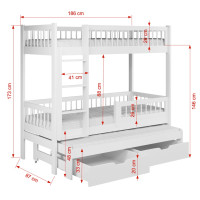 Detská poschodová posteľ z masívu borovice EVAN s prístelkou a šuplíky - 180x80 cm - prírodná borovica