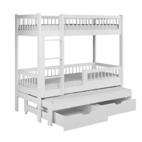 Detská poschodová posteľ z masívu borovice EVAN s prístelkou a šuplíky - 180x80 cm - biela