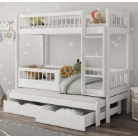 Detská poschodová posteľ z masívu borovice EVAN s prístelkou a šuplíky - 180x80 cm - biela