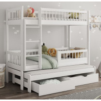 Detská poschodová posteľ z masívu borovice EVAN s prístelkou a šuplíky - 180x80 cm - biela