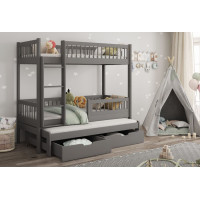 Detská poschodová posteľ z masívu borovice EVAN s prístelkou a šuplíky - 200x90 cm - grafitová [CLONE]