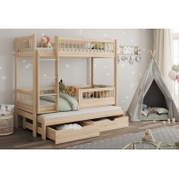 Detská poschodová posteľ z masívu borovice EVAN s prístelkou a šuplíky - 180x80 cm - prírodná borovica