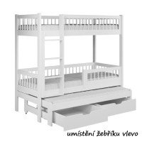 Detská poschodová posteľ z masívu borovice EVAN s prístelkou a šuplíky - 180x80 cm - biela