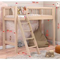 Detská vyvýšená posteľ z masívu borovice EVI - 180x80 cm - prírodná borovice