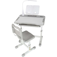 Detský nastaviteľný písací stôl so zásuvkou, stoličkou a LED lampou - šedý