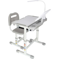 Detský nastaviteľný písací stôl so zásuvkou, stoličkou a LED lampou - šedý