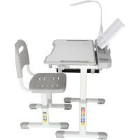 Detský nastaviteľný písací stôl so zásuvkou, stoličkou a LED lampou - šedý