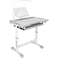 Detský nastaviteľný písací stôl so zásuvkou, stoličkou a LED lampou - šedý