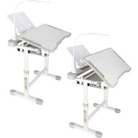 Detský nastaviteľný písací stôl so zásuvkou, stoličkou a LED lampou - šedý