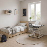 Detský nastaviteľný písací stôl so zásuvkou, stoličkou a LED lampou - šedý