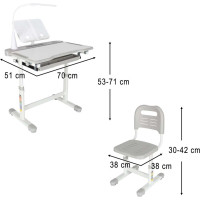 Detský nastaviteľný písací stôl so zásuvkou, stoličkou a LED lampou - šedý