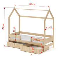 Detská domčeková posteľ z masívu borovice NAOMI so šuplíkmi - 180x80 cm - prírodná borovica