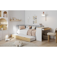 Detská posteľ s prístelkou a písacím stolom FREYA - 180x80 cm - biela/sivá/dub sonoma