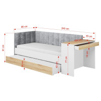 Detská posteľ s prístelkou a písacím stolom FREYA - 200x90 cm - biela/sivá/dub sonoma