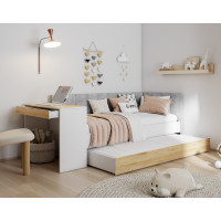 Detská posteľ s prístelkou a písacím stolom FREYA - 200x90 cm - biela/sivá/dub sonoma