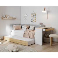 Detská posteľ s prístelkou a písacím stolom FREYA - 180x80 cm - biela/sivá/dub sonoma