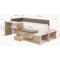 Detská posteľ s písacím stolom a úložnými priestormi AMIRA - 180x80 cm - biela/hnedá/dub artisan